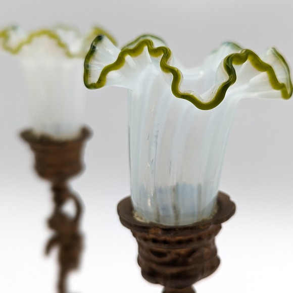 Antique Cherub Candle Holders Gilt Bronze w Hand Blown Ruffled Glass Green Rim - Picture 5 of 13